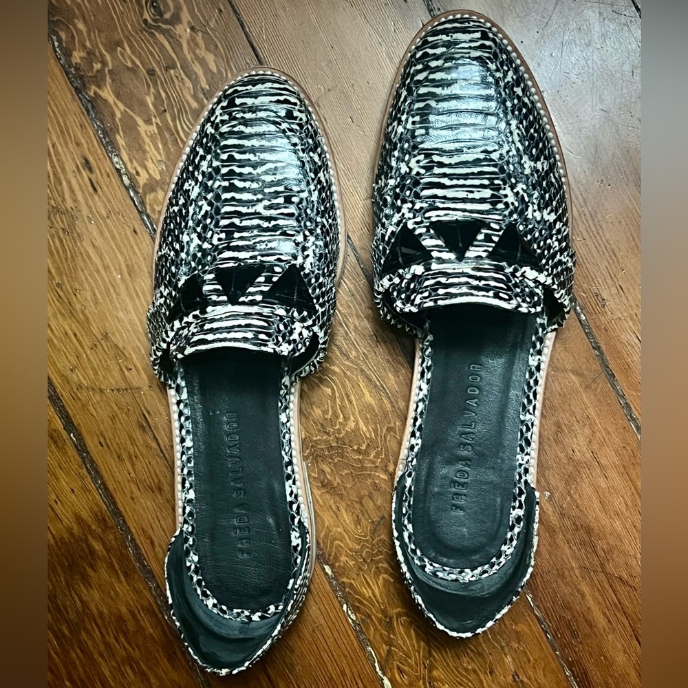 Freda Salvador snakeskin d’orsay loafers adorned with swarovski crystals